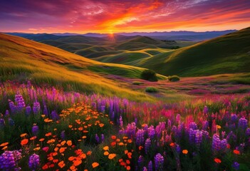Obraz premium captivating vibrant sunset over lush rolling hills adorned expansive fields rich colors breathtaking natural beauty, sky, gradient, nature, landscape