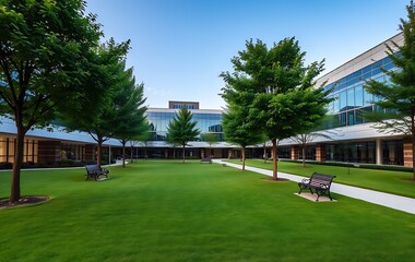 Fototapeta premium Modern office park with green lawn, trees and bench 