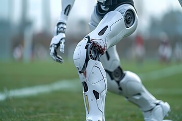 Close-up of humanoid robot soccer player suffering from knee injury on field.