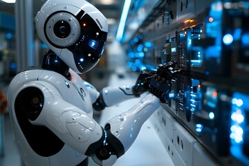 Fototapeta premium Portrait of a humanoid robot locksmith installing a door lock. The advanced AI technology is the future of the industry, capable of efficiently and precisely repairing locks