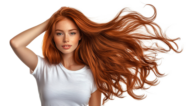 A young woman with vibrant red hair poses gracefully against a simple background