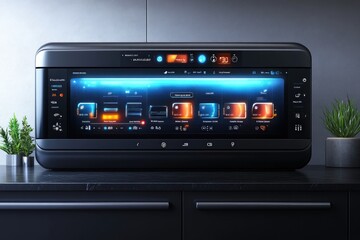 Futuristic digital control panel with blue and orange lights on a modern countertop with potted plants.