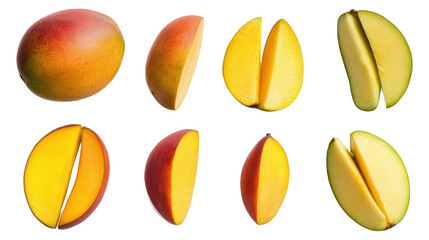 A vibrant arrangement of fresh mango slices and whole mangoes on a bright background