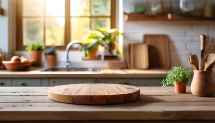 Rustic kitchen with a wooden cutting board on the table and natural light from the window during the afternoon. Generative AI