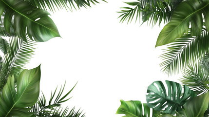 Lush green palm leaves create a tropical frame against a light background for design purposes