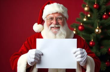 Naklejka premium Santa Claus holding a white sheet paper. Copy space. Red background. Christmas tree in the backdrop. 