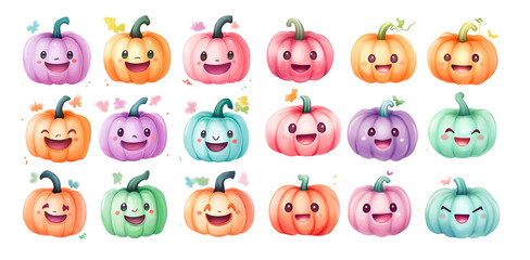 Cute and Colorful Cartoon Pumpkins with Smiling Faces in Various Shades, Cutout, Isolated on Transparent PNG/White 