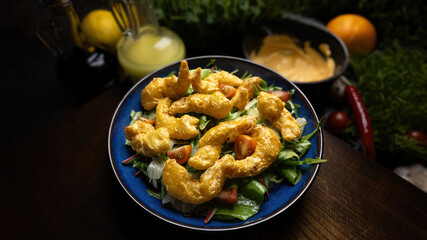Shrimp tempura with a mix of salads