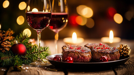 delicious beef meat steak in a restaurant with a glass of wine for dinner