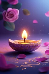 Lit diya traditional oil lamp on dark blue background with rose flowers and petals. Deepavali, Diwali. Hindu festival of lights. Loy Krathong. Template with copy space for Indian holidays