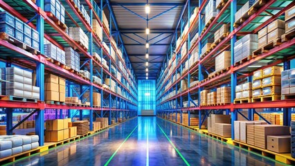 Fototapeta premium Futuristic Digital Warehouse with High-Tech Shelves and Advanced Inventory Management System Visuals