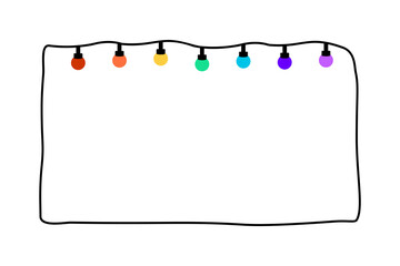 Colorful glowing light bulb border frame. Holiday celebration, festival concepts. Hand drawn style decorative vector design isolated illustration.