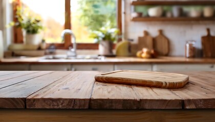 A wooden cutting board on a rustic table in a bright kitchen filled with natural light and greenery. Generative AI