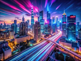 Fototapeta premium Futuristic urban skyline with neon lights and advanced technology reflecting a dystopian atmosphere