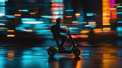Man Riding Electric Scooter Through City Lights