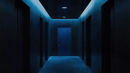 Obraz premium A Mysterious Blue Doorway Leading Through a Dark Corridor