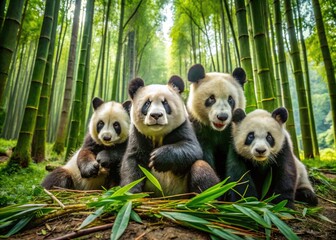 Obraz premium Giant pandas resting in lush green bamboo forest, showcasing their adorable and playful nature