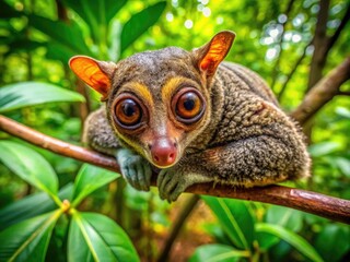 Fototapeta premium Gliding colugo resting on a tree branch in a lush tropical rainforest during daytime sunlight