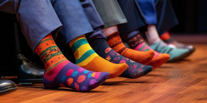 A group of elderly people wearing colorful, mismatched socks at a social event, showcasing a vibrant and inclusive community atmosphere