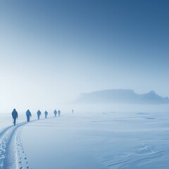A group of people walk across a snowy landscape. AI.