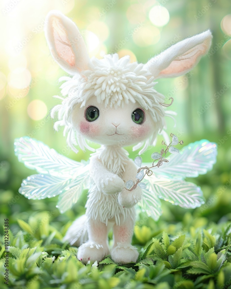 Wall mural A fluffy white bunny with iridescent wings holds a branch of leaves. AI.