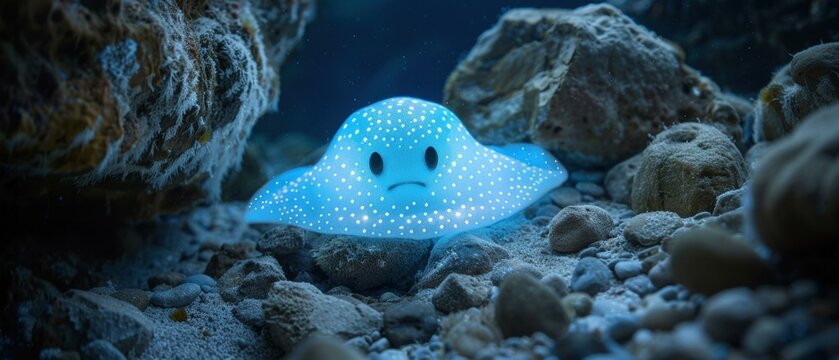 A bioluminescent creature with sad eyes sits on the ocean floor. AI.