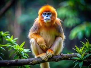 Obraz premium Golden Snub Nosed Monkey Sitting on a Branch in a Lush Green Forest Surrounded by Nature