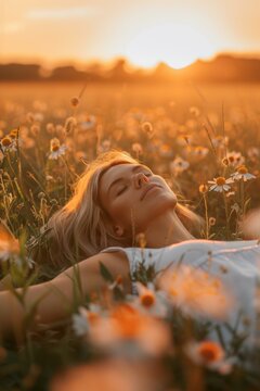 Woman relaxing in a field of wildflowers at sunset. AI.
