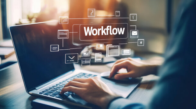 A person working on their laptop with icons and text saying "Workflow" above them