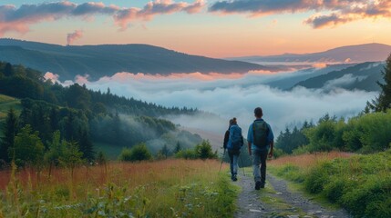 Two hikers enjoy the view from a mountaintop. AI.