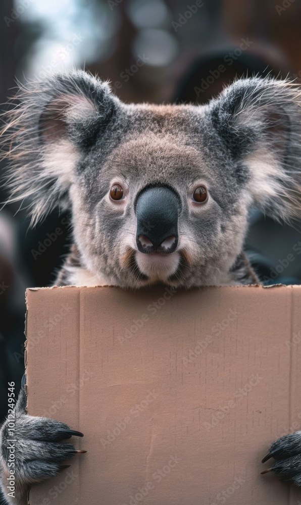 Wall mural A koala holding a cardboard sign. AI.