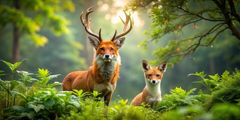 Graceful Fox and Elegant Deer in a Serene Forest Setting Surrounded by Lush Greenery and Nature