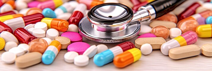 The background of the photograph features a medical stethoscope against a colorful assortment of capsules and tablets