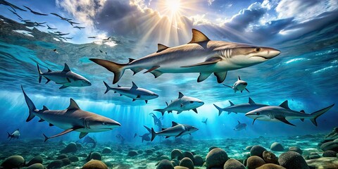 Obraz premium Graceful Sharks Swimming in Clear Blue Ocean Water, Displaying Their Elegance in Underwater World