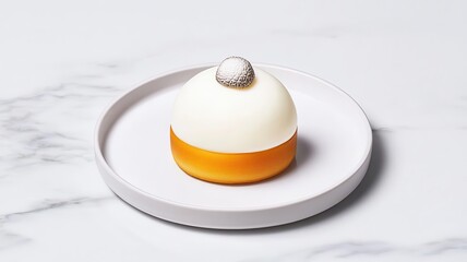 A minimalist dessert plate with a single white truffle on a marble surface, surrounded by soft, ethereal lighting, Elegant, Photography, Monochromatic