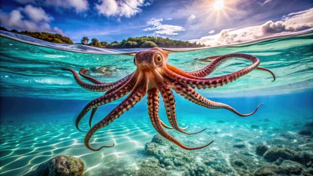 Graceful Teuthida Swimming in Crystal Clear Ocean Water, Displaying Intricate Tentacles and Colors