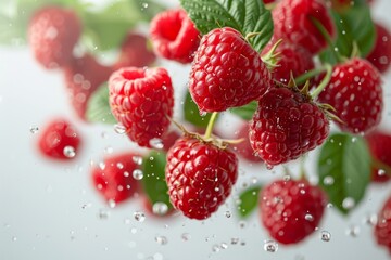 Raspberries and half slices suspended in the air with green leaves with water. Generative AI