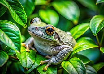 Obraz premium Gray Tree Frog Camouflaging Among Green Leaves in Georgia's Natural Habitat on a Sunny Day