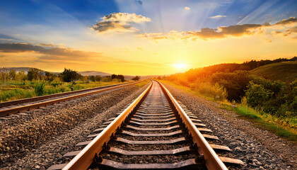 Fototapeta premium A railway track stretching into the sunset, bathed in warm hues of orange and gold, creating a picturesque scene that evokes a sense of journey and exploration.