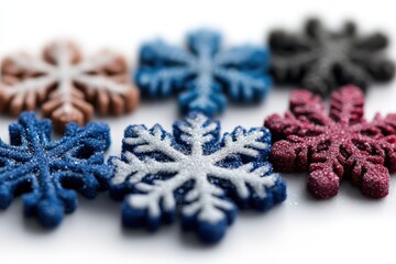 Obraz premium A mixed selection of blue, pink, and brown snowflake ornaments, each covered in shimmering glitter, laying spread across a white background for a festive look.