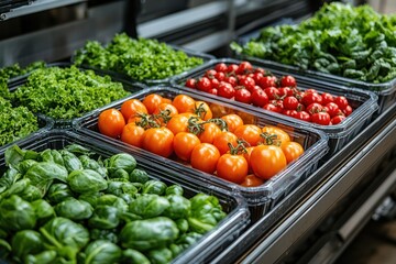 Freshly picked tomatoes and leafy greens in clear plastic containers in a refrigerated display case.