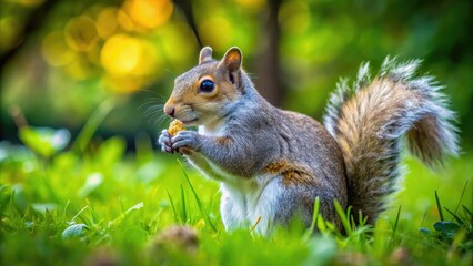 Obraz premium Grey Squirrel foraging for food in a lush green park during a sunny day in nature's habitat