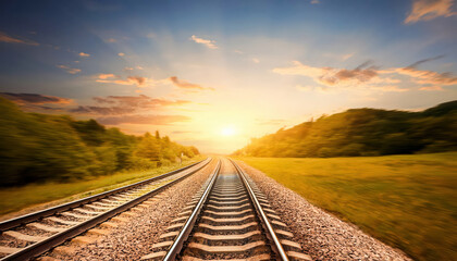 Fototapeta premium A railway track stretching into the sunset, bathed in warm hues of orange and gold, creating a picturesque scene that evokes a sense of journey and exploration.