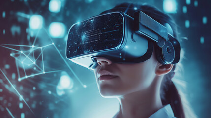 Businesswoman is wearing a vr headset and experiencing a virtual reality simulation with network connection graphics around her