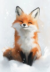 Obraz premium Happy red fox enjoys a snowy day, sitting peacefully in a beautiful winter landscape. Its cute smile and orange fur stand out against the white backdrop, making it perfect for heartwarming designs