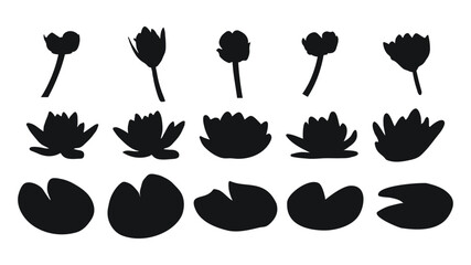 Set of water lily, water lilies, silhouette of plant buds and foliage
