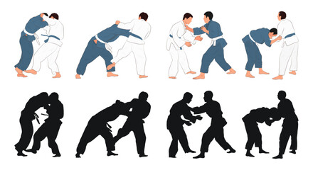 Judo set silhouettes on white background. Different action, pose. Martial arts, jiu jitsu, sport