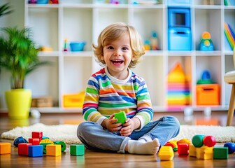 Happy child sitting on the floor with colorful toys, engaged in imaginative play and creativity