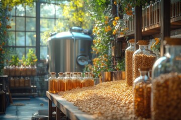 A rustic distillery with large glass jars filled with grains and bottles of amber liquid.