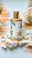 Fototapeta premium cosmetics, mockup, bottle parfum, glass, perfume, aroma, fragrance, liquid,&nbsp;&nbsp;Fine sand, palm trees, tropical leaves, golden light, seashells, stones. Tropical, soothing.